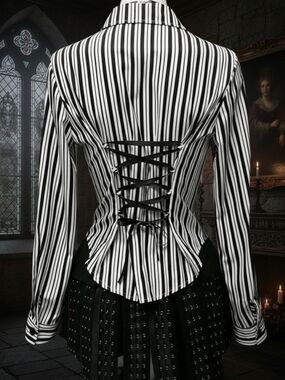 Women's Black & White Striped Button-Down Shirt with Lace-Back Detail